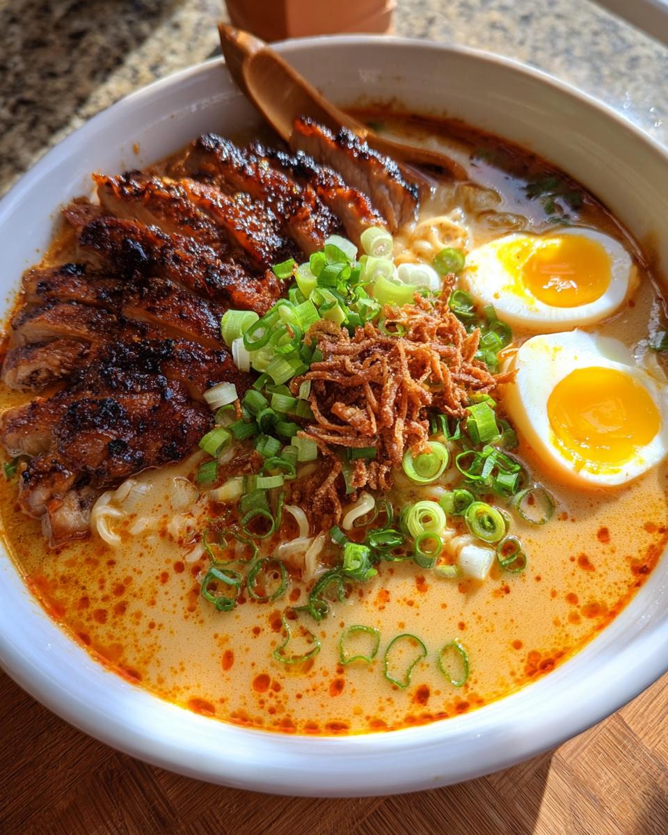 A close-up of a bowl of Creamy Garlic Chicken Ramen, featuring sliced grilled chicken, ramen noodles, a soft-boiled egg, and green onions.