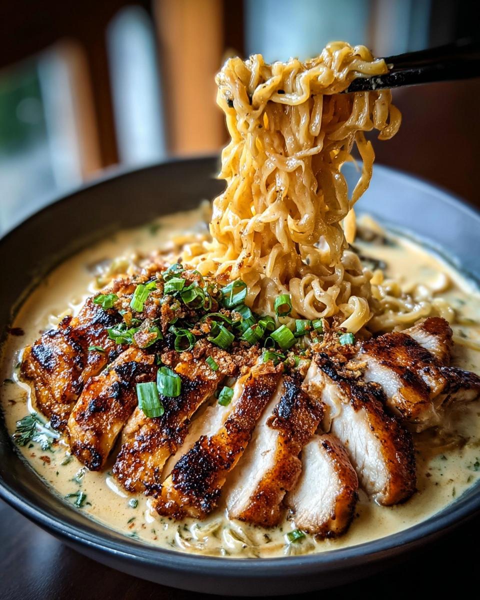 Close-up of a bowl of Creamy Garlic Chicken Ramen, with noodles being lifted by chopsticks and sliced grilled chicken.