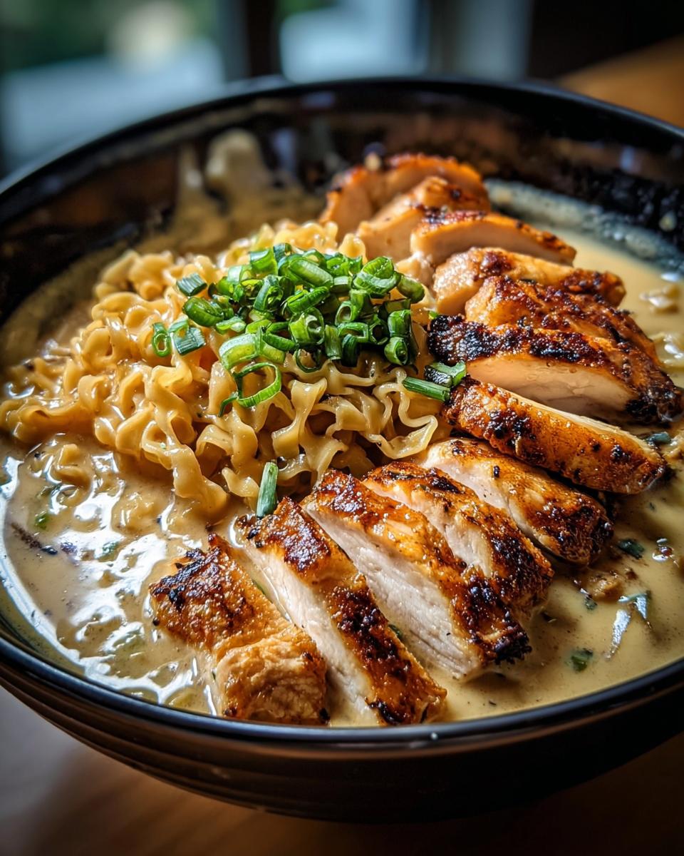 A close-up of a bowl of Creamy Garlic Chicken Ramen, featuring ramen noodles, sliced grilled chicken, and green onions.