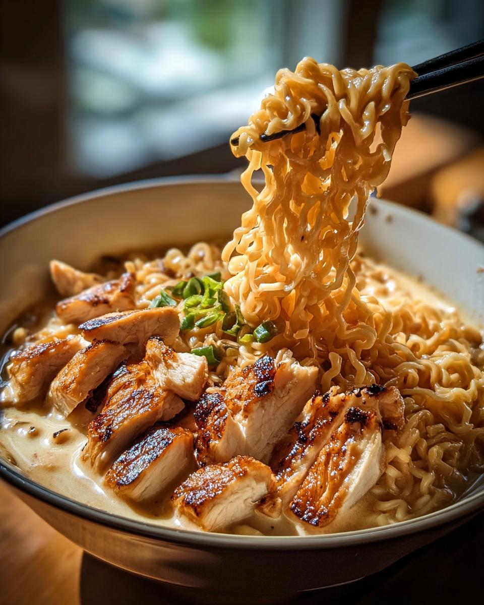 A bowl of Creamy Garlic Chicken Ramen with tender sliced chicken and noodles being lifted by chopsticks.