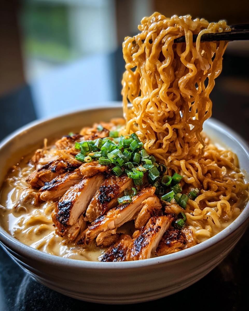 A bowl of Creamy Garlic Chicken Ramen with sliced grilled chicken and green onions, with noodles being lifted by chopsticks.