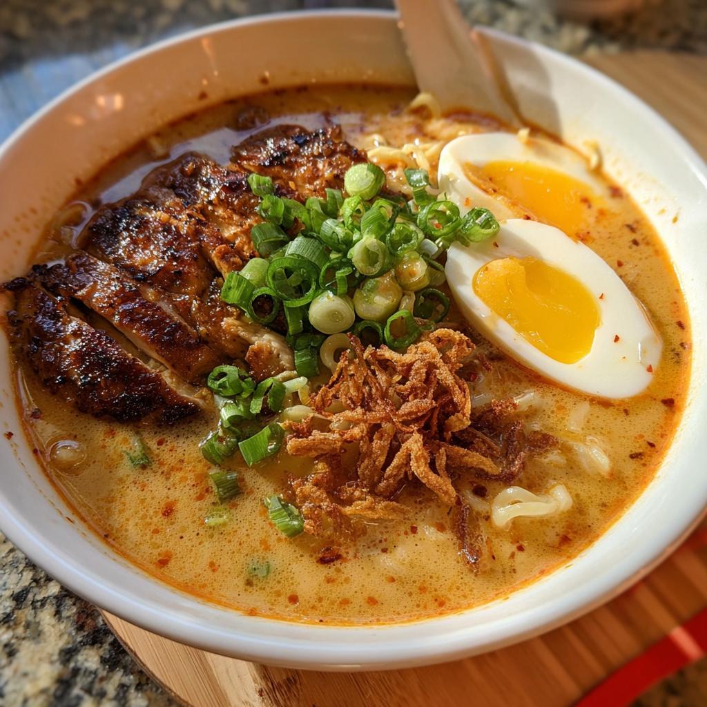 A close-up of a bowl of Creamy Garlic Chicken Ramen, featuring sliced grilled chicken, a soft-boiled egg, and green onions.