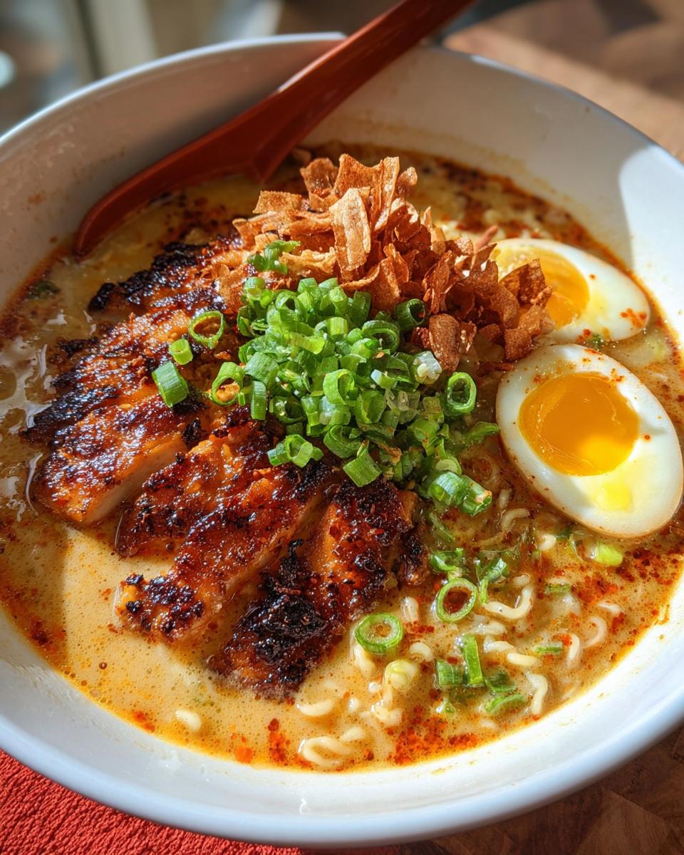A bowl of Creamy Garlic Chicken Ramen topped with sliced chicken, a soft-boiled egg, green onions, and crispy fried onions.