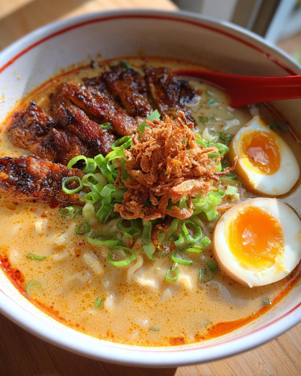 A delicious bowl of Creamy Garlic Chicken Ramen with sliced chicken, soft-boiled eggs, and green onions.