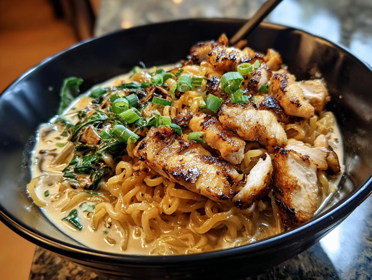 A close-up of a bowl of Creamy Garlic Chicken Ramen, featuring noodles, grilled chicken, and greens in a rich broth.