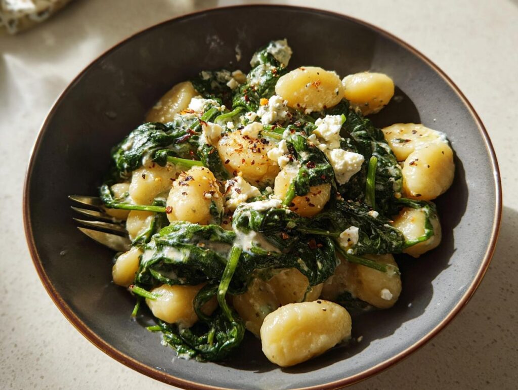 A bowl of creamy gnocchi with spinach and feta cheese, sprinkled with red pepper flakes.