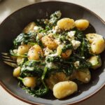 A bowl of creamy gnocchi with spinach and feta cheese, sprinkled with red pepper flakes.