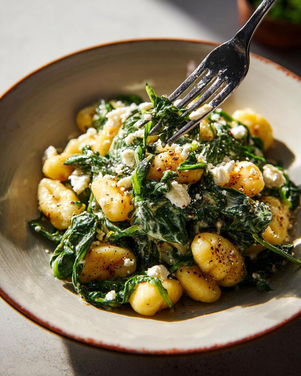 A fork lifting a bite of creamy gnocchi with spinach and feta cheese.