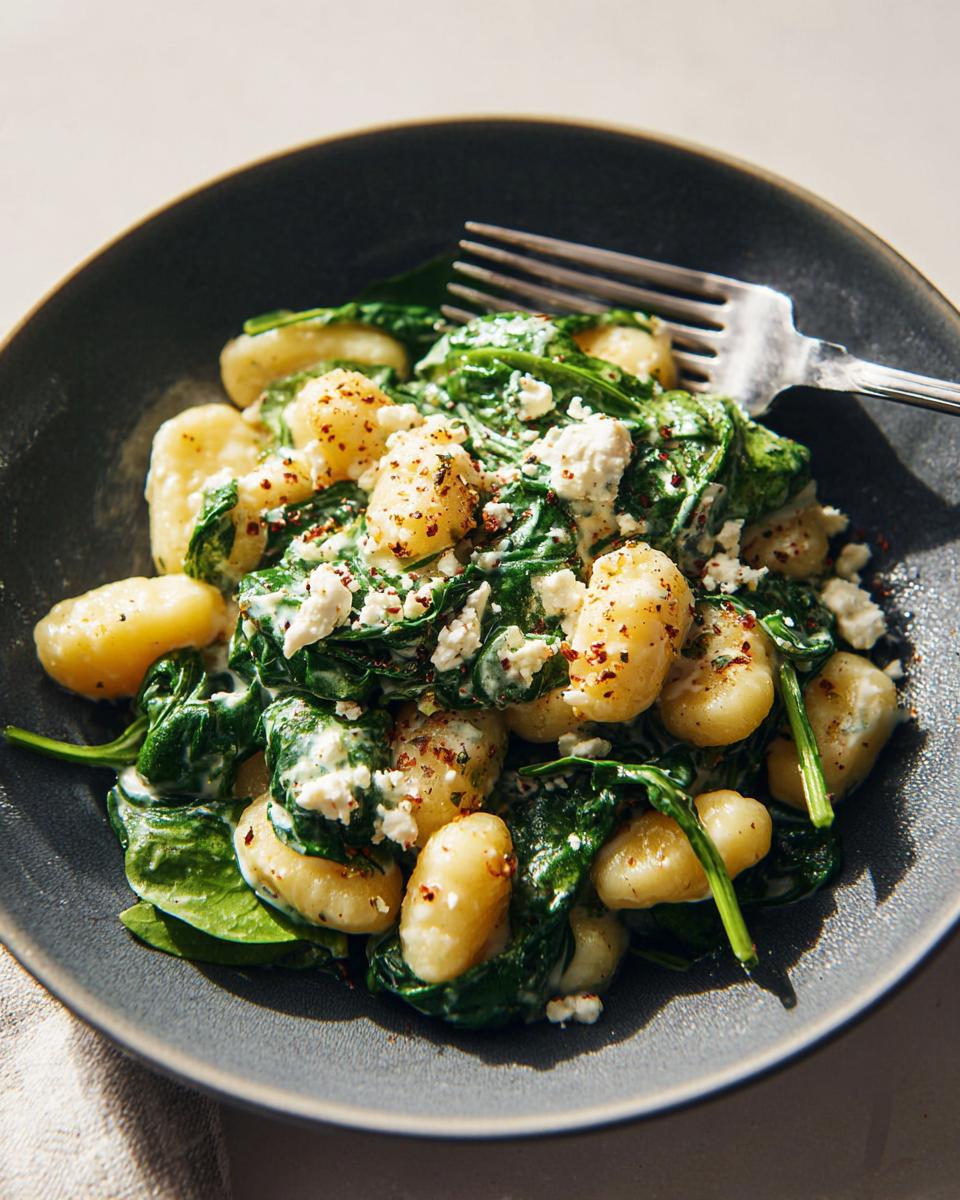 A close-up of a dark bowl filled with Creamy Gnocchi with Spinach and Feta, topped with crumbled feta cheese and red pepper flakes.