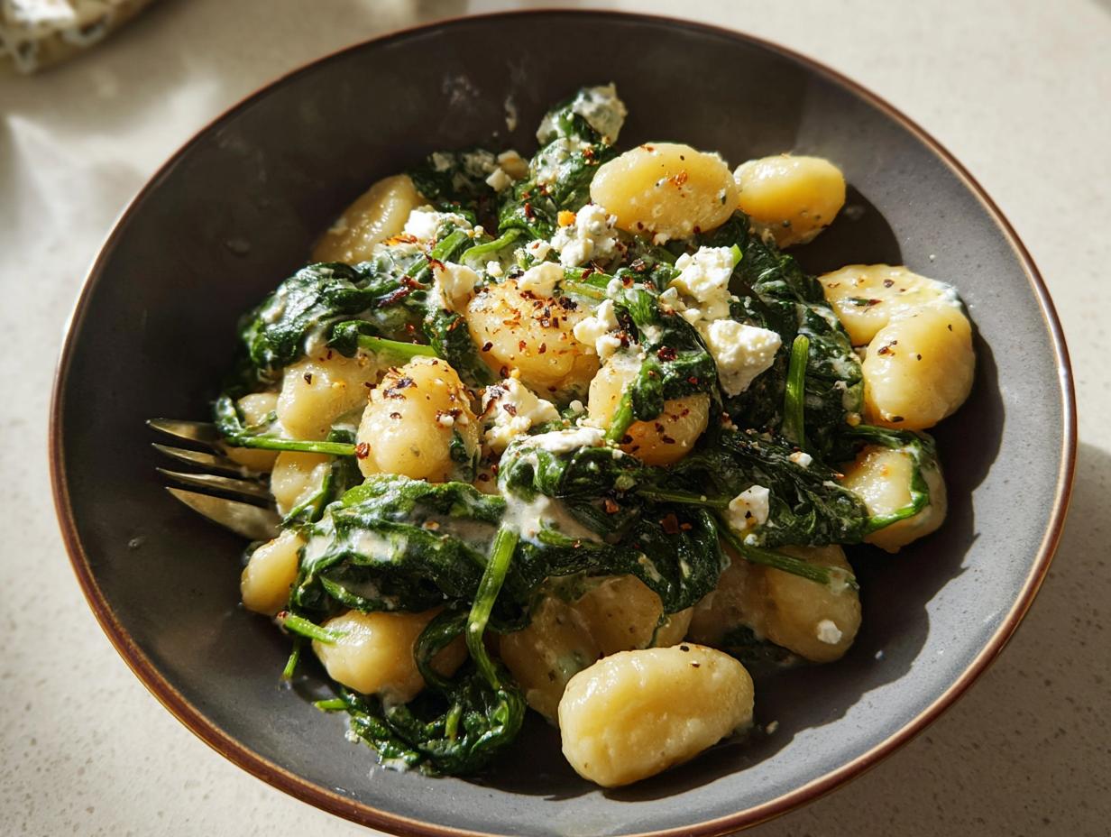 A bowl of creamy gnocchi with spinach and feta cheese, sprinkled with red pepper flakes.