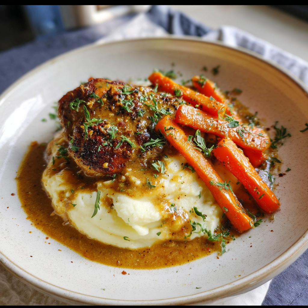 A serving of creamy herb chicken with mashed potatoes and glazed carrots, drizzled with sauce and garnished with parsley.