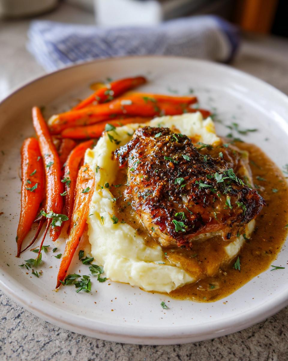 A plate of creamy herb chicken served with fluffy mashed potatoes and glazed carrots, drizzled with sauce and garnished with parsley.