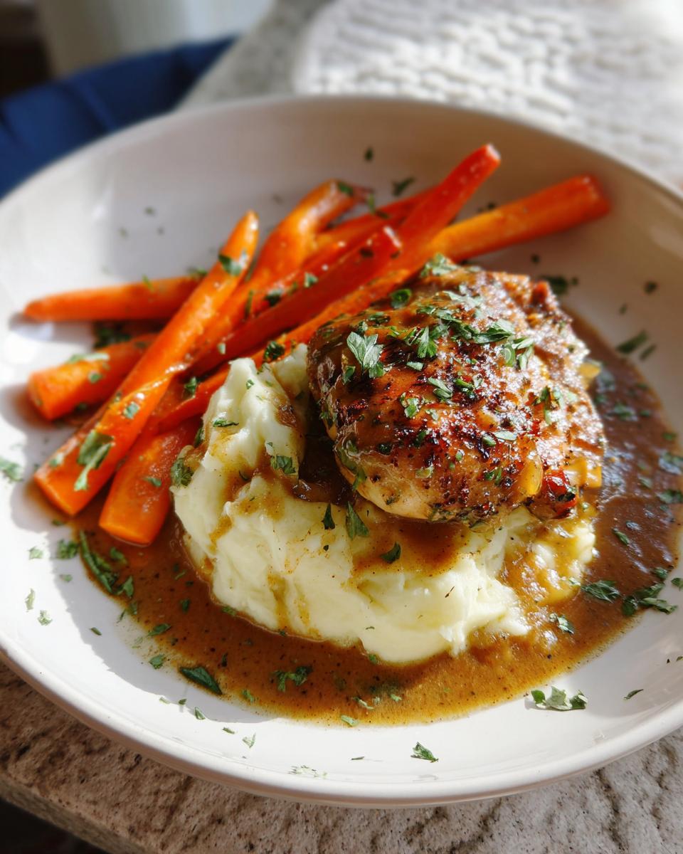 A plate of creamy herb chicken served with fluffy mashed potatoes and glazed carrots, drizzled with sauce and garnished with parsley.