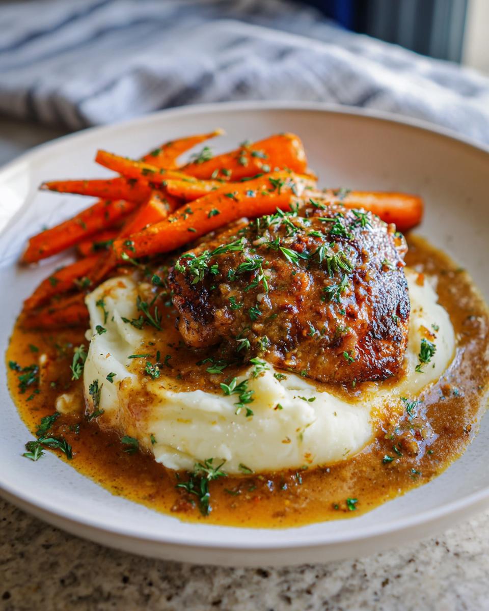 A plate of creamy herb chicken served with mashed potatoes and glazed carrots, drizzled with sauce.