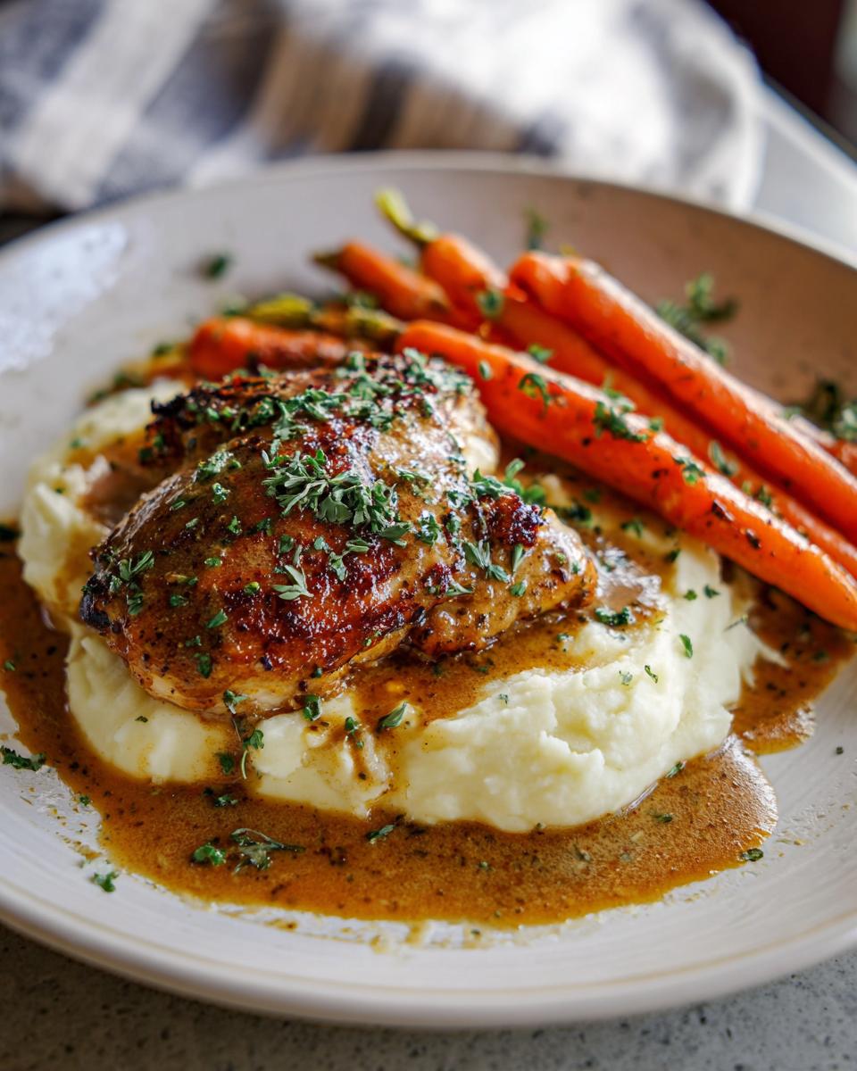 A plate of creamy herb chicken served with mashed potatoes and glazed carrots, drizzled with sauce and garnished with herbs.