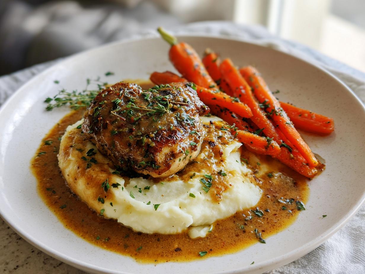 A serving of creamy herb chicken with mashed potatoes and glazed carrots, drizzled with sauce and garnished with herbs.