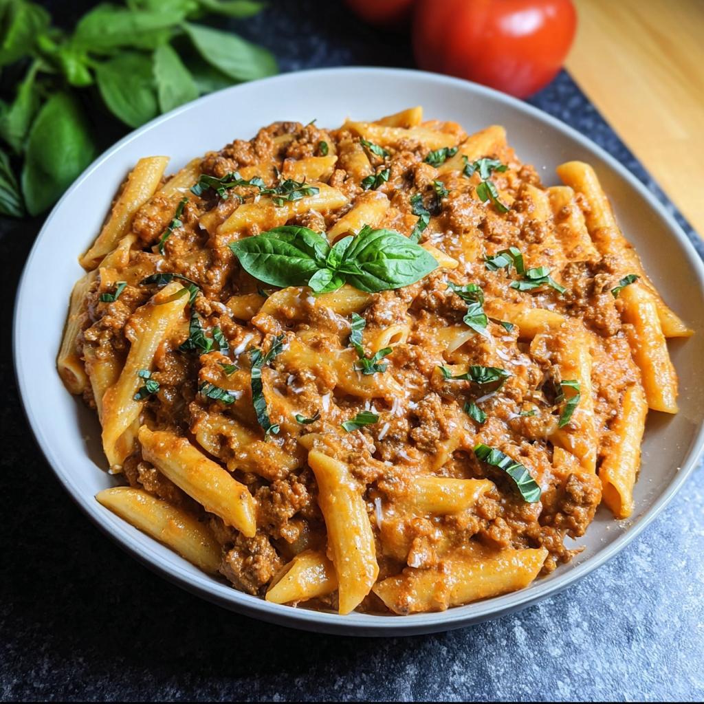 A close-up of a bowl of Creamy High Protein Beef Pasta, garnished with fresh basil and shredded cheese.