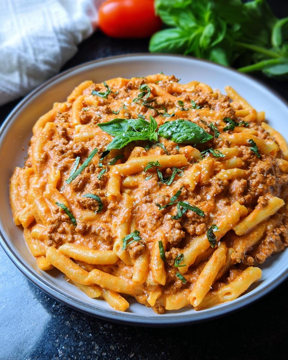 A bowl of Creamy High Protein Beef Pasta, garnished with fresh basil and chopped herbs.