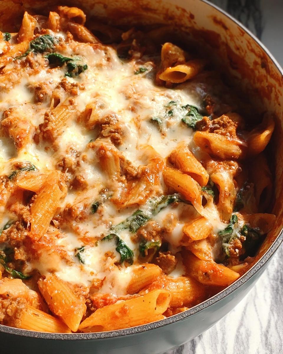 Close-up of a creamy high protein beef pasta bake in a pot, topped with melted cheese and spinach.