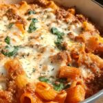 Close-up of a creamy high protein beef pasta bake with melted cheese and spinach.