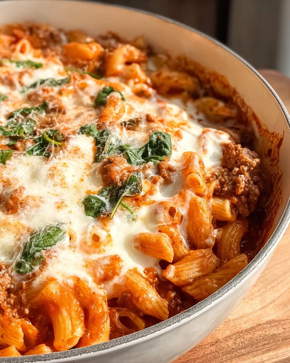 Close-up of a creamy high protein beef pasta bake, topped with melted cheese and spinach.