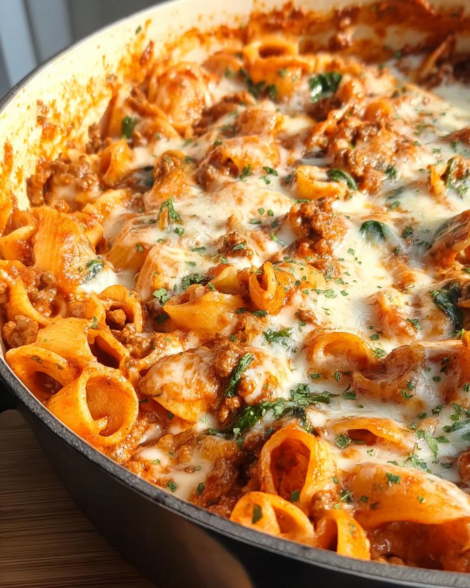 A close-up of a creamy high protein beef pasta bake in a skillet, topped with melted cheese and parsley.