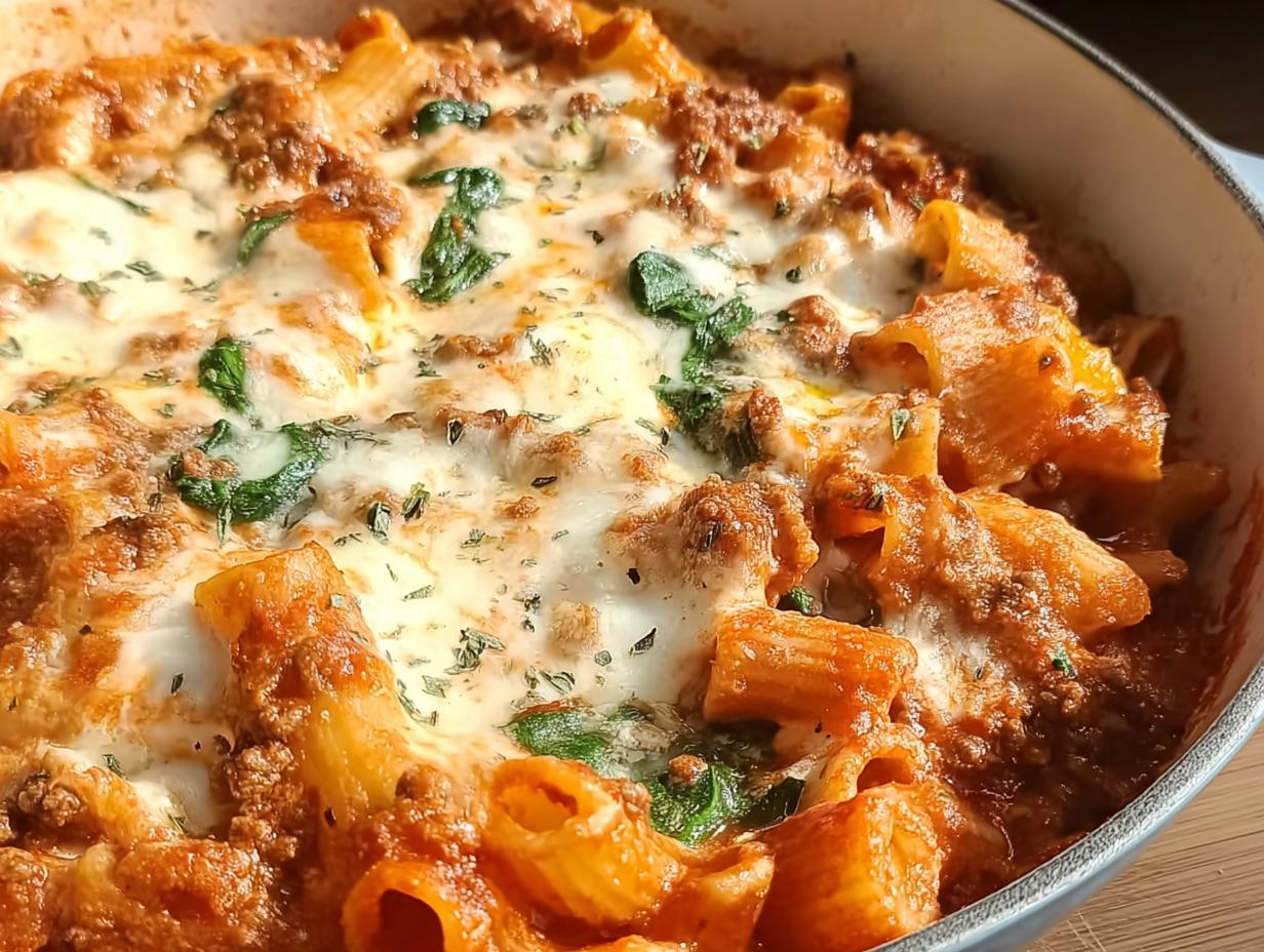 Close-up of a creamy high protein beef pasta bake with melted cheese and spinach.