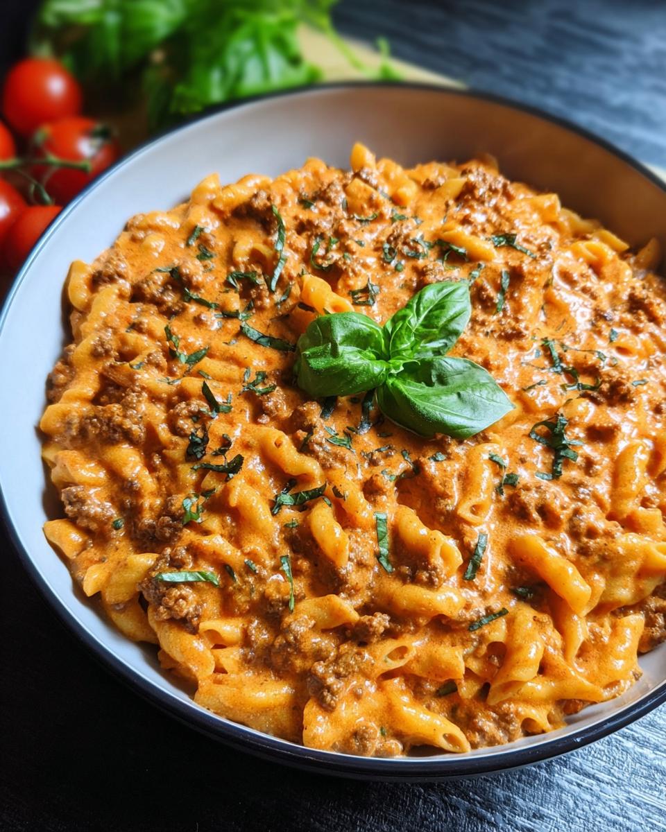A close-up of a bowl filled with Creamy High Protein Beef Pasta, garnished with fresh basil.