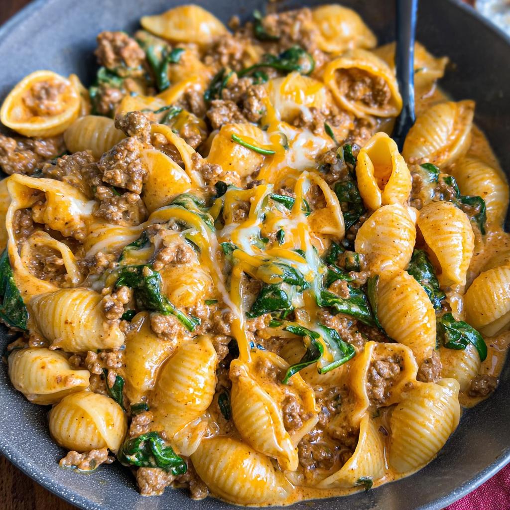 A close-up of Creamy High Protein Beef Pasta with ground beef, spinach, and melted cheese in a bowl.