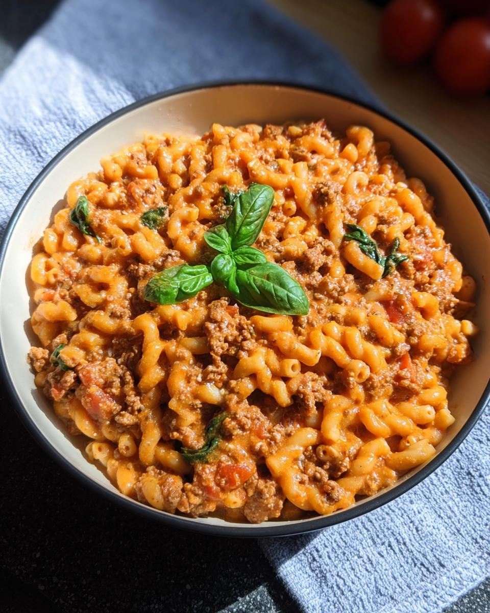 A bowl of Creamy High Protein Beef Pasta topped with fresh basil leaves.