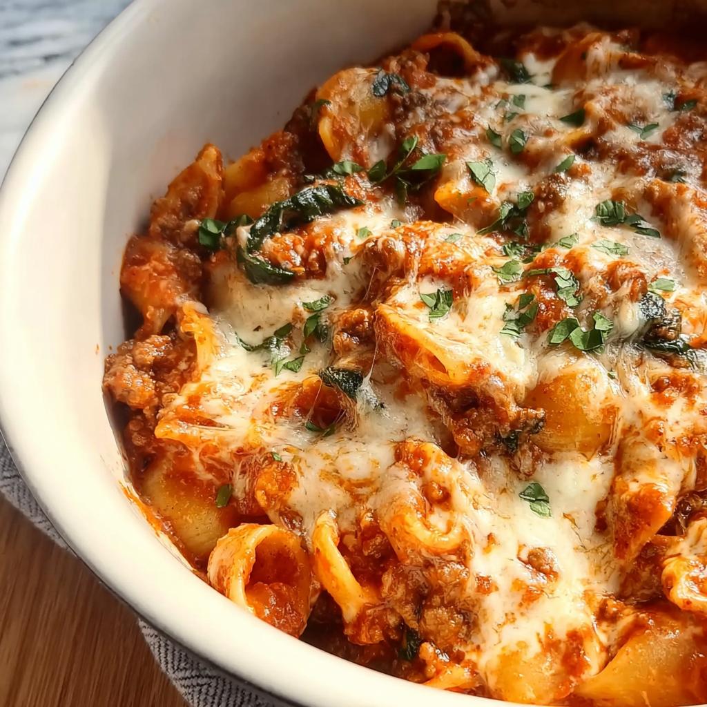 Close-up of a creamy high protein beef pasta casserole, topped with melted cheese and parsley.