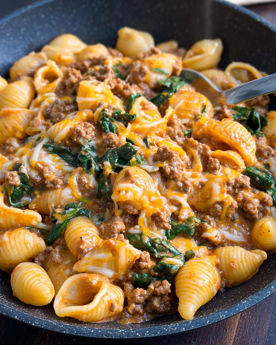 A close-up of Creamy High Protein Beef Pasta mixed with spinach and melted cheese in a skillet.