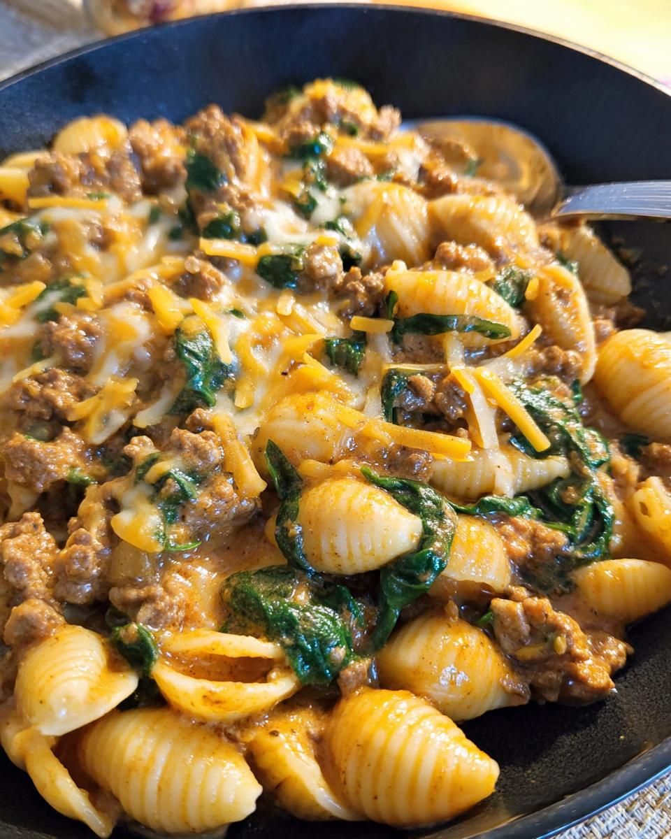 Close-up of Creamy High Protein Beef Pasta with ground beef, spinach, and melted cheese.