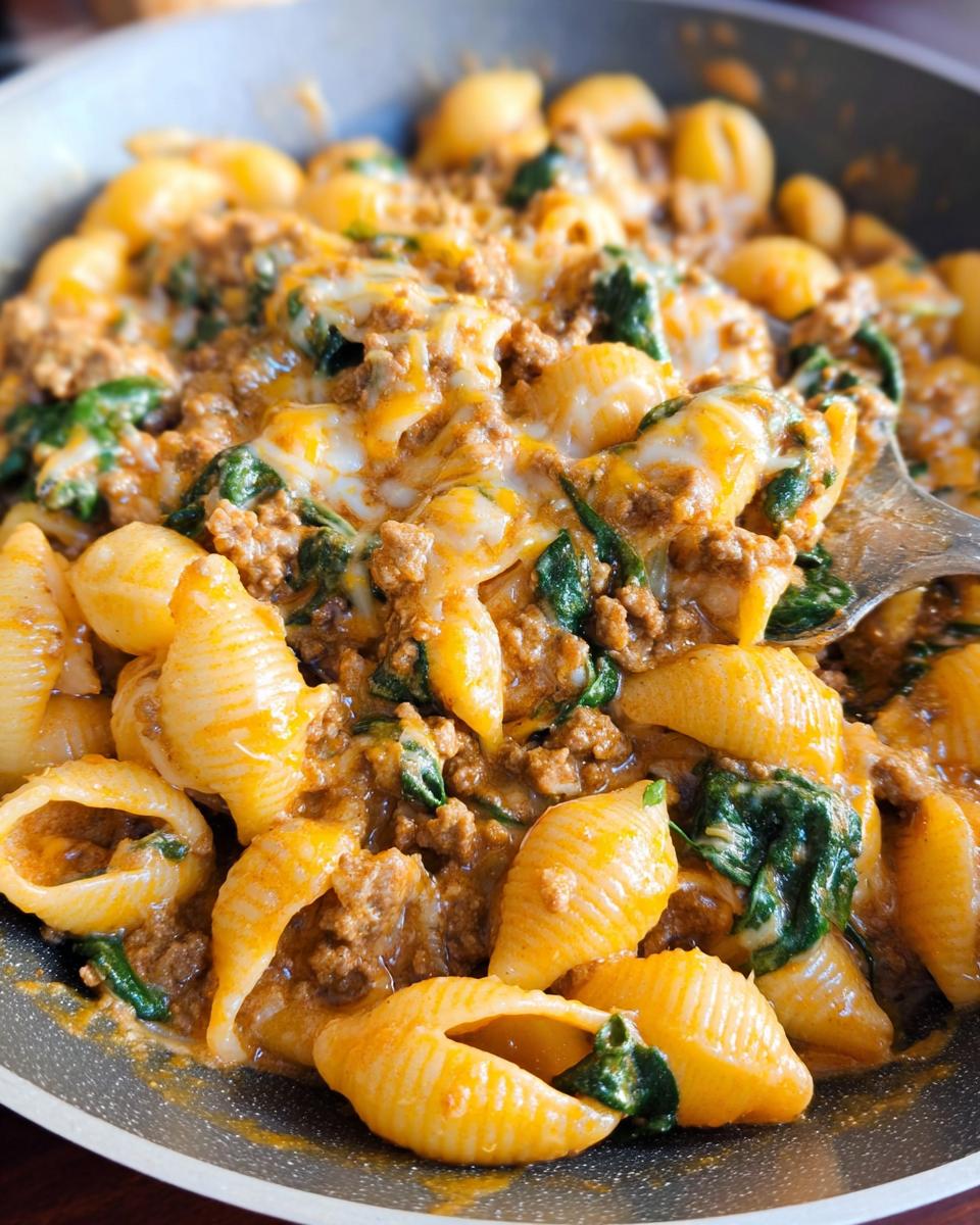 Close-up of creamy high protein beef pasta with spinach and melted cheese in a pan.
