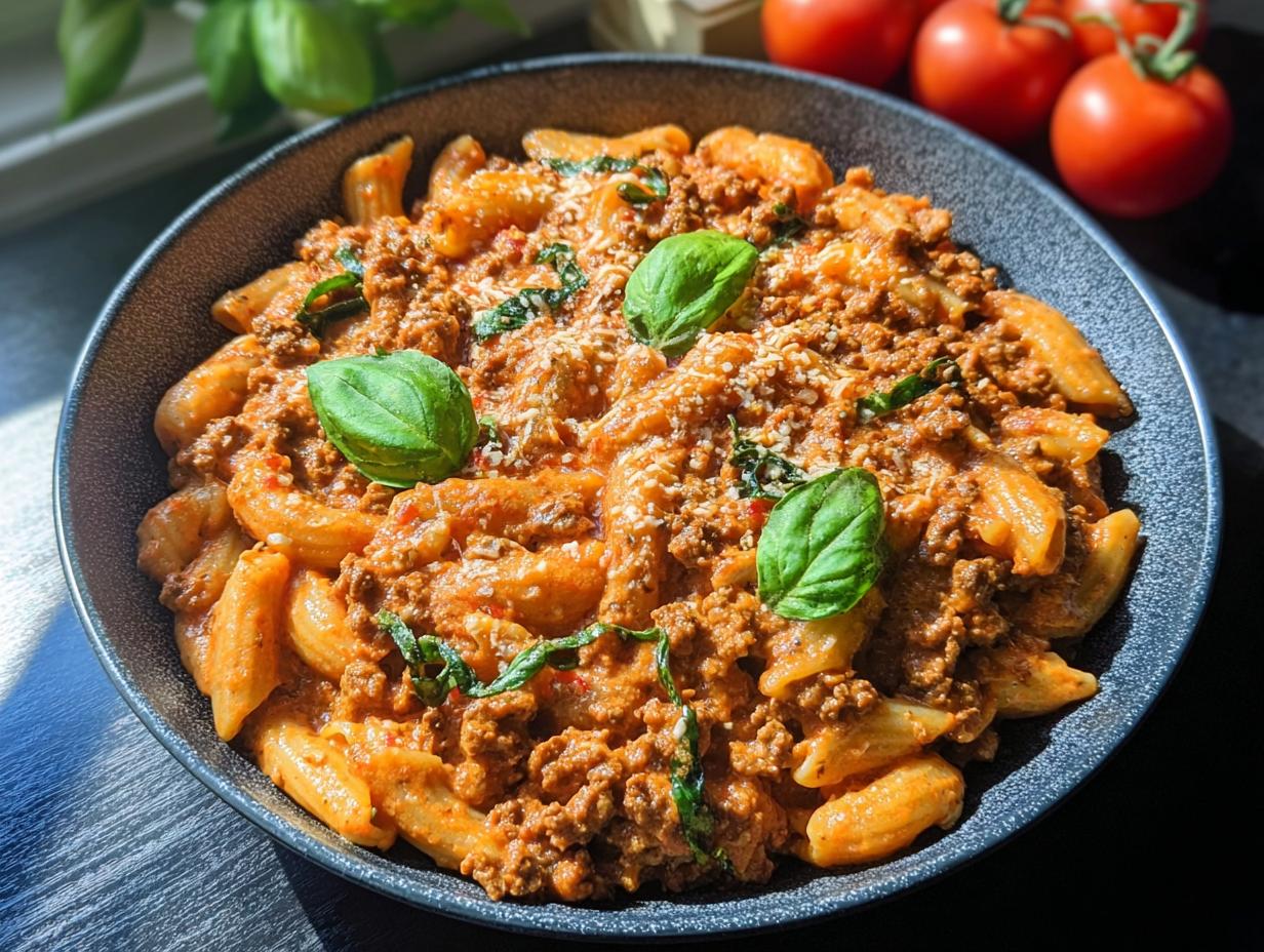 A bowl of Creamy High Protein Beef Pasta, garnished with fresh basil and grated cheese.
