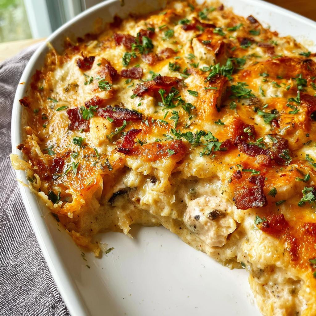A close-up of a bubbly Creamy Low Carb Chicken Casserole topped with melted cheese and crispy bacon.