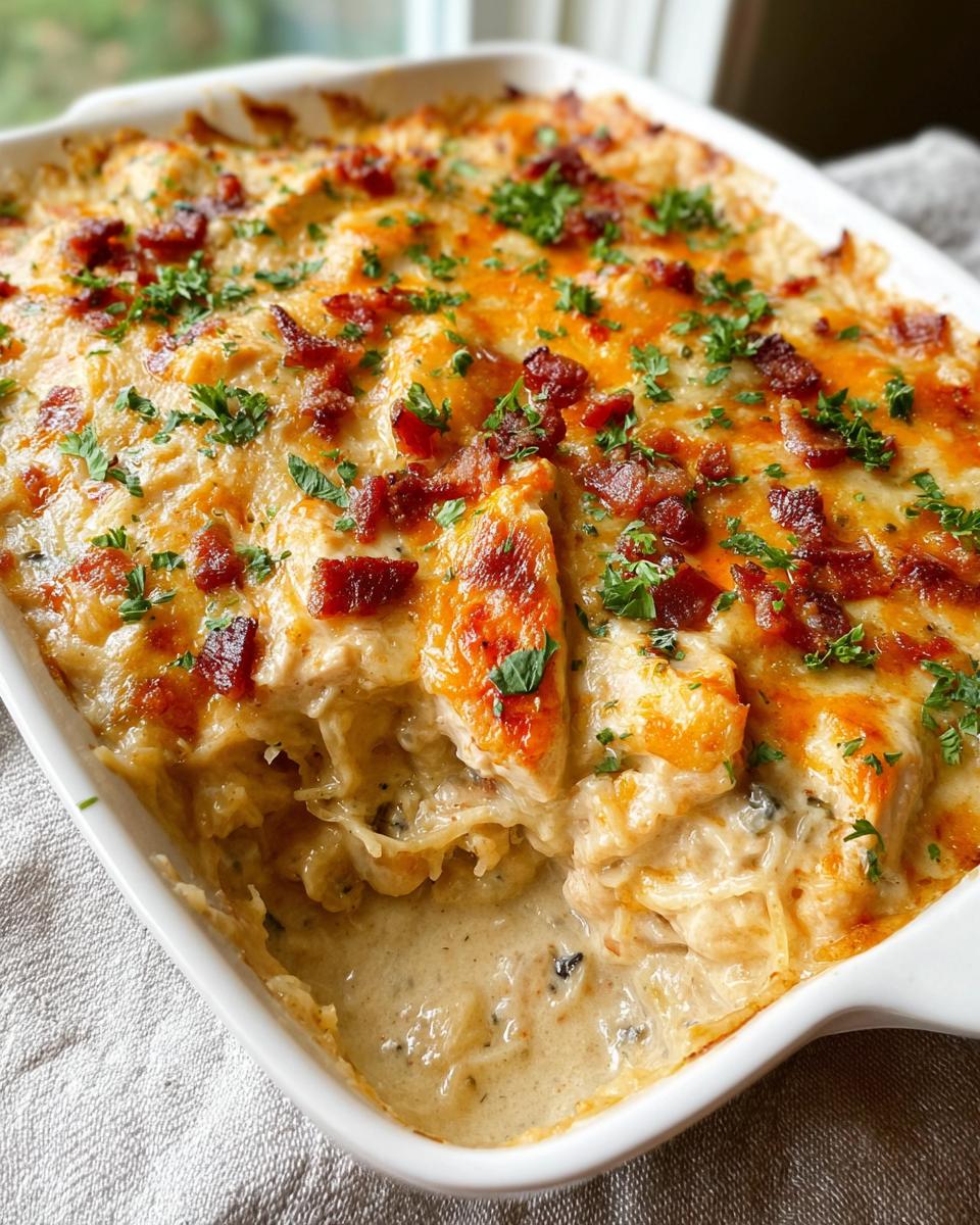 A close-up of a Creamy Low Carb Chicken Casserole, topped with melted cheese, crispy bacon, and fresh parsley.