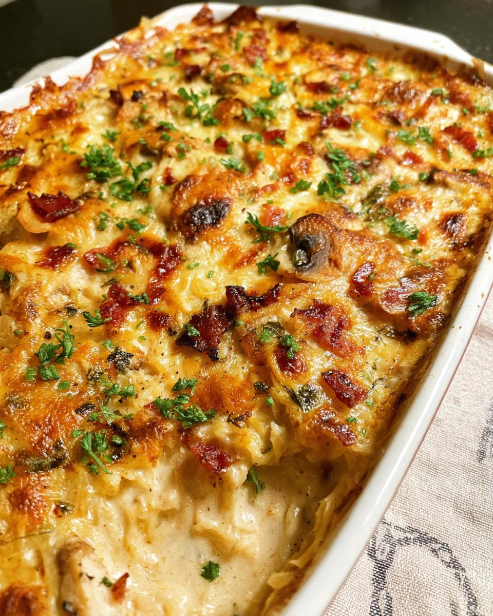 Close-up of a bubbly Creamy Low Carb Chicken Casserole topped with melted cheese and crispy bacon bits.