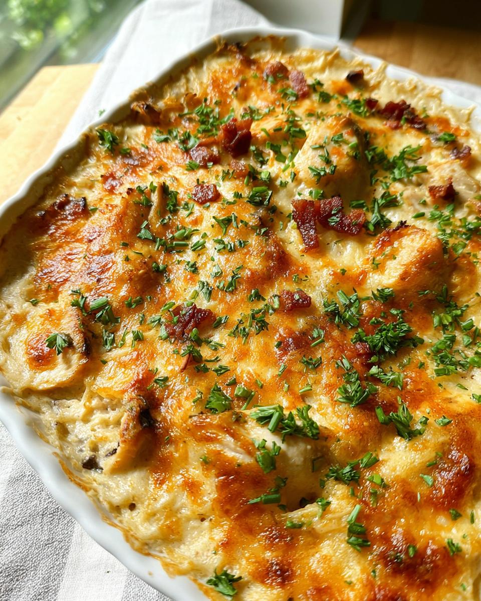 Close-up of a bubbling Creamy Low Carb Chicken Casserole topped with melted cheese and crispy bacon bits, garnished with fresh parsley.