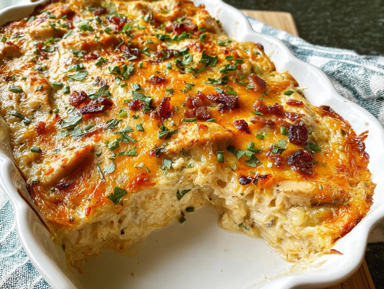 A close-up of a freshly baked Creamy Low Carb Chicken Casserole topped with melted cheese and crispy bacon bits.