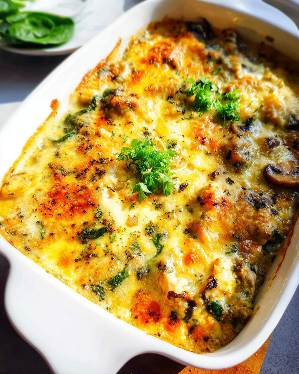 A golden-brown baked Creamy Low Carb Chicken Casserole topped with melted cheese and fresh parsley.