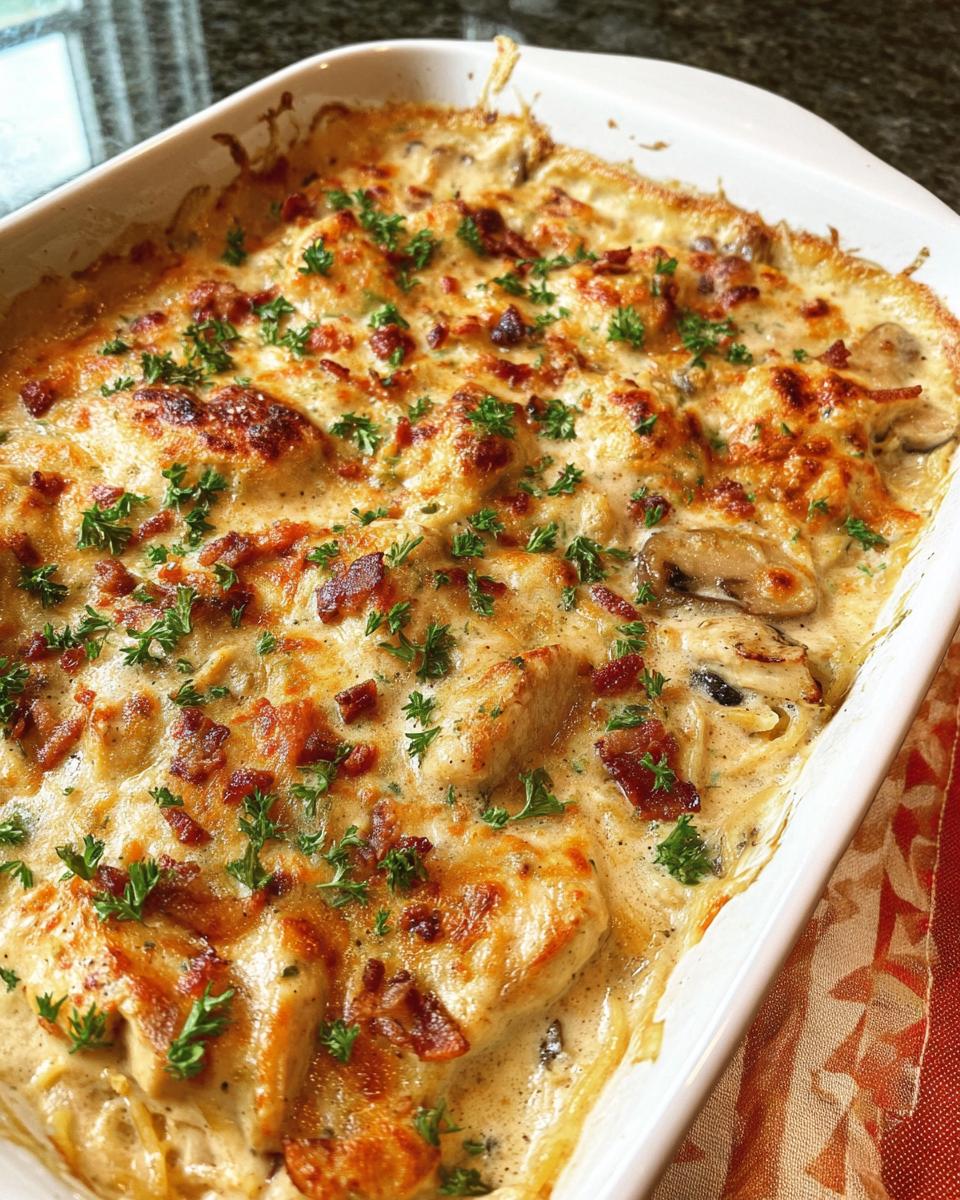 A golden-brown Creamy Low Carb Chicken Casserole baked in a white dish, topped with bacon bits and parsley.