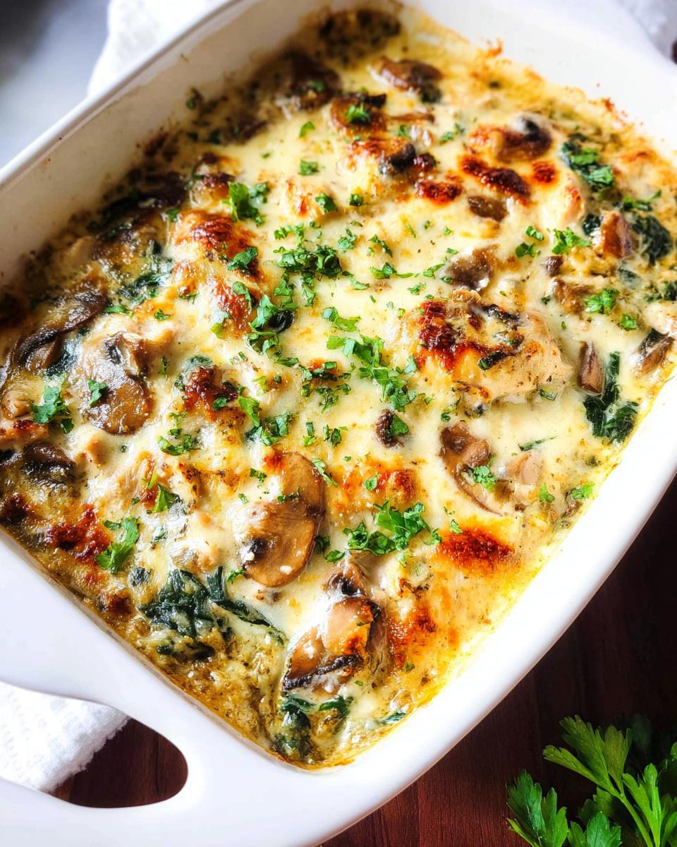 A close-up view of a bubbly Creamy Low Carb Chicken Casserole with mushrooms, spinach, and melted cheese, garnished with parsley.
