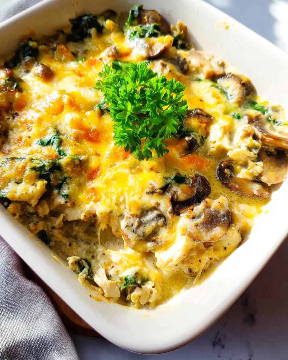 A close-up of a creamy low carb chicken casserole baked in a white dish, topped with melted cheese and garnished with parsley.