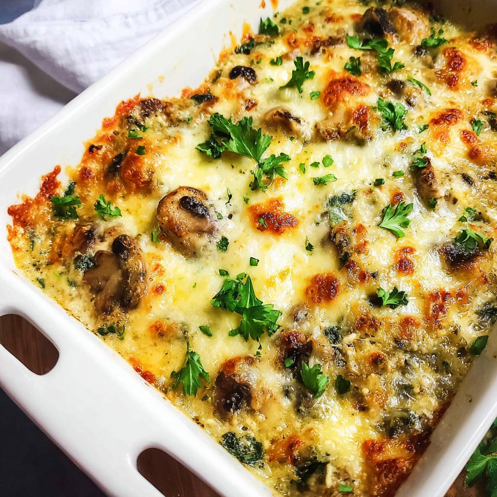 A close-up of a bubbly Creamy Low Carb Chicken Casserole, topped with melted cheese, mushrooms, and fresh parsley.