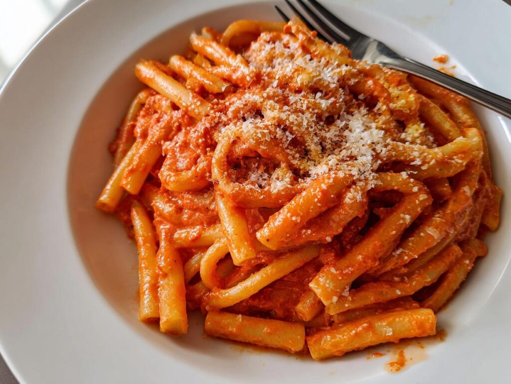 A close-up of a white bowl filled with creamy tomato garlic pasta, topped with grated cheese.