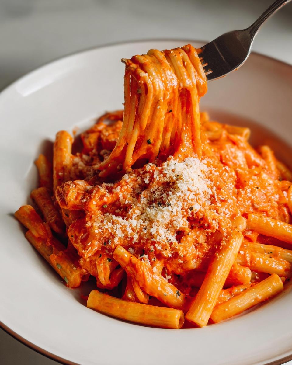 A fork lifting a swirl of creamy tomato garlic pasta from a white bowl, topped with grated cheese.