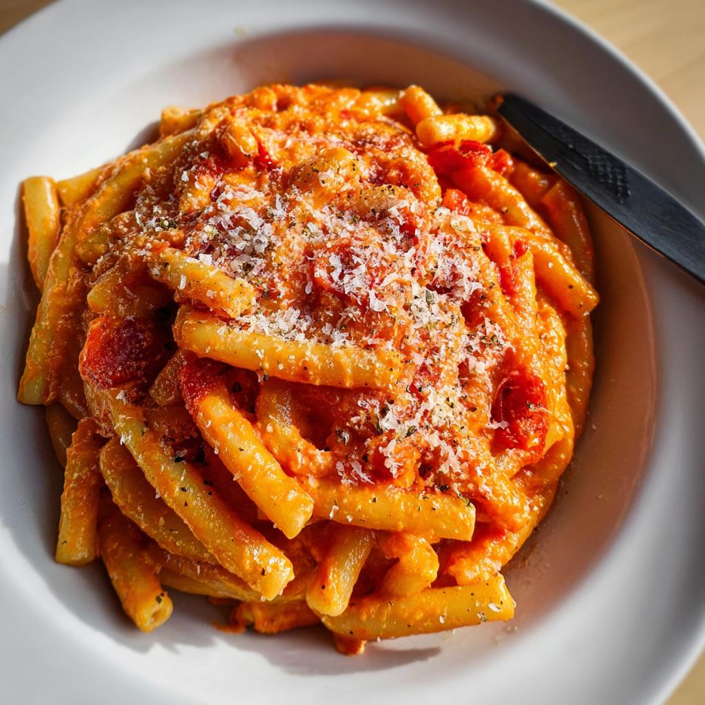 A close-up of a bowl of creamy tomato garlic pasta, topped with grated cheese and herbs.