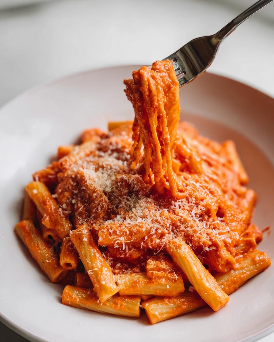 A fork lifting a portion of creamy tomato garlic pasta from a white plate, sprinkled with parmesan cheese.