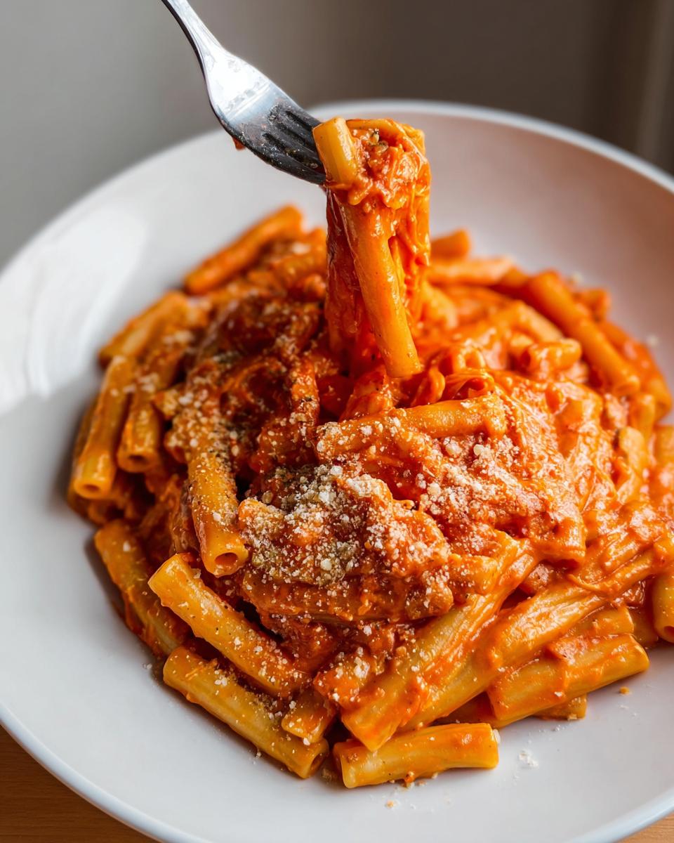 A fork lifts a portion of creamy tomato garlic pasta with ziti, topped with grated cheese.